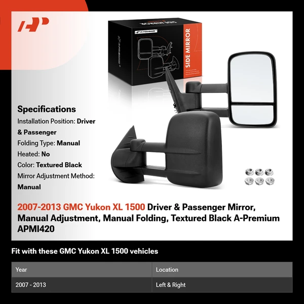 2007-2013 GMC Yukon XL 1500 Driver & Passenger Mirror, Manual Adjustment, Manual Folding, Textured Black A-Premium APMI420