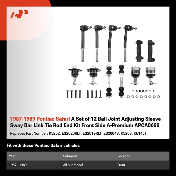 1987-1989 Pontiac Safari A Set of 12 Ball Joint Adjusting Sleeve Sway Bar Link Tie Rod End Kit Front Side A-Premium APCA0699