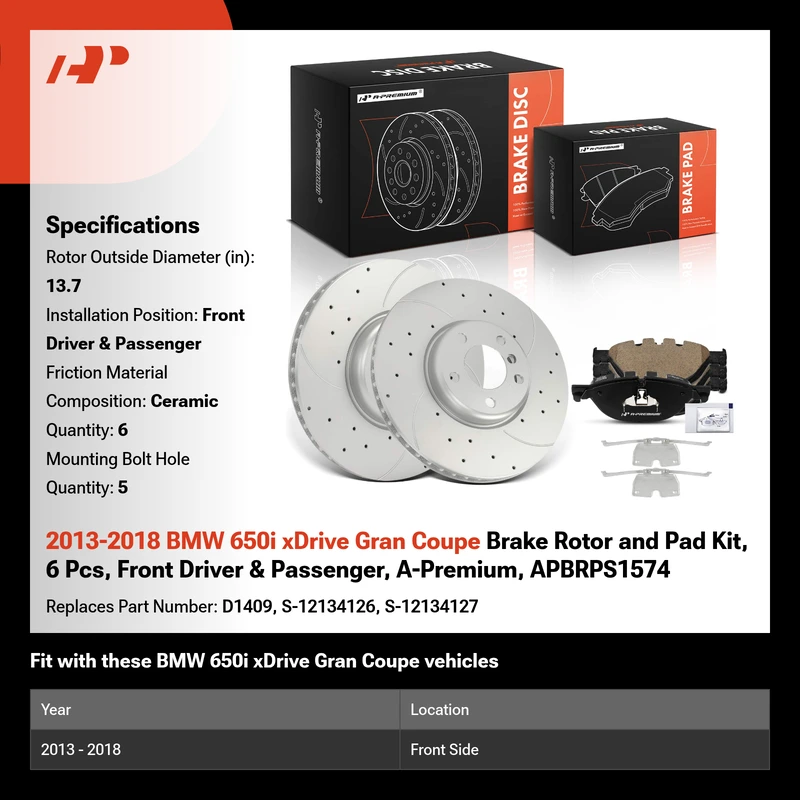 2013-2018 BMW 650i xDrive Gran Coupe Brake Rotor and Pad Kit, 6 Pcs, Front Driver & Passenger, A-Premium, APBRPS1574