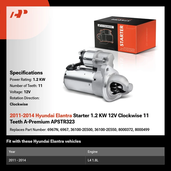 2011-2014 Hyundai Elantra Starter 1.2 KW 12V Clockwise 11 Teeth A-Premium APSTR323