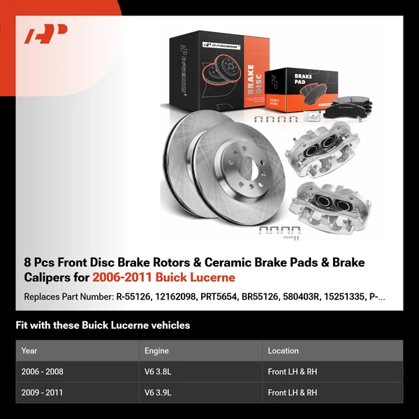 8 Pcs Front Disc Brake Rotors & Ceramic Brake Pads & Brake Calipers for 2006-2011 Buick Lucerne
