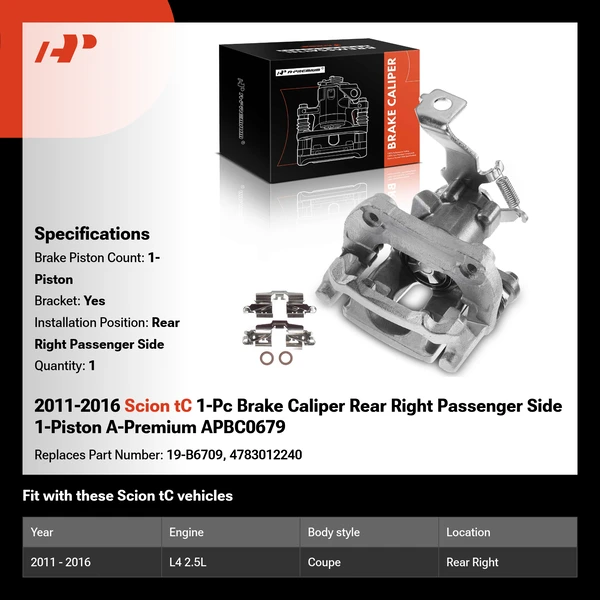 2011-2016 Scion tC 1-Pc Brake Caliper Rear Right Passenger Side 1-Piston A-Premium APBC0679