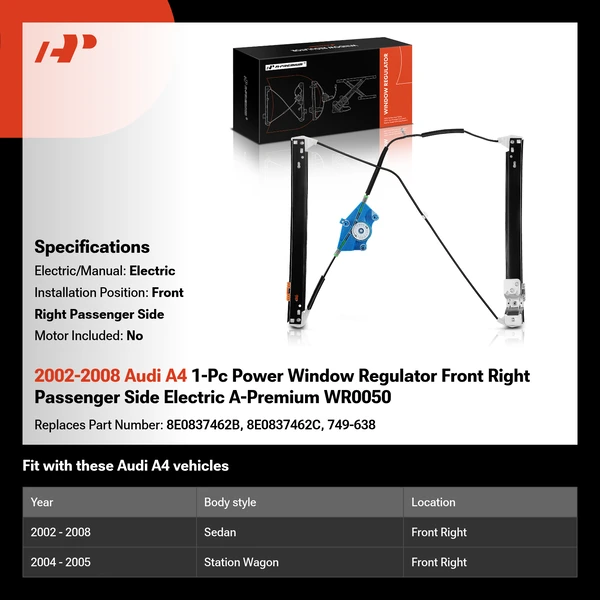2002-2008 Audi A4 1-Pc Power Window Regulator Front Right Passenger Side Electric A-Premium WR0050