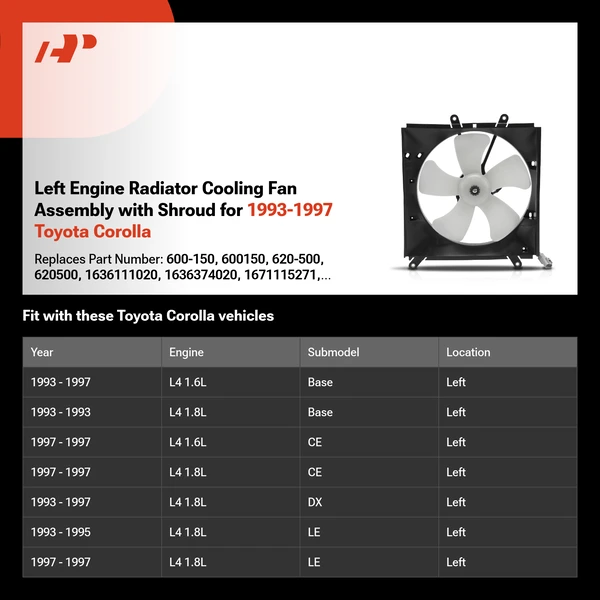 Left Engine Radiator Cooling Fan Assembly with Shroud for 1993-1997 Toyota Corolla
