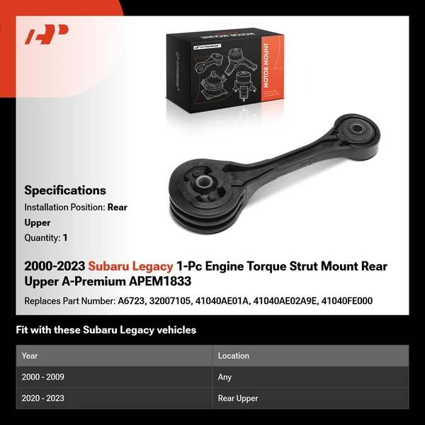 2000-2023 Subaru Legacy 1-Pc Engine Torque Strut Mount Rear Upper A-Premium APEM1833
