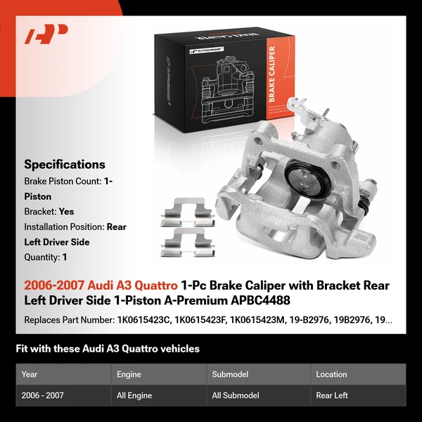 2006-2007 Audi A3 Quattro 1-Pc Brake Caliper with Bracket Rear Left Driver Side 1-Piston A-Premium APBC4488
