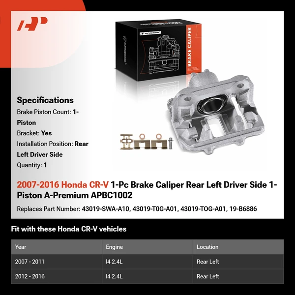 2007-2016 Honda CR-V 1-Pc Brake Caliper Rear Left Driver Side 1-Piston A-Premium APBC1002
