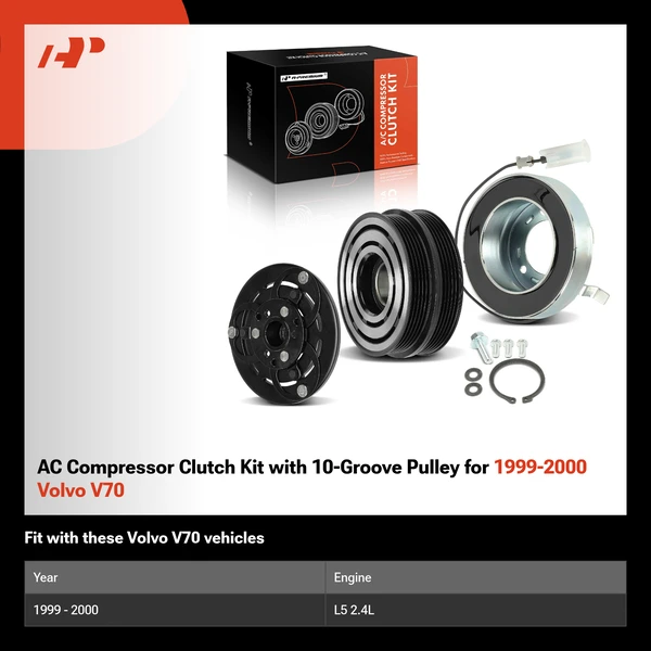 AC Compressor Clutch Kit with 10-Groove Pulley for 1999-2000 Volvo V70