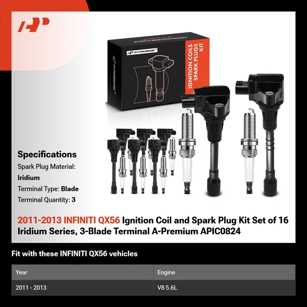 2011-2013 INFINITI QX56 Ignition Coil and Spark Plug Kit Set of 16 Iridium Series, 3-Blade Terminal A-Premium APIC0824