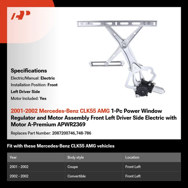 2001-2002 Mercedes-Benz CLK55 AMG 1-Pc Power Window Regulator and Motor Assembly Front Left Driver Side Electric with Motor A-Premium APWR2369