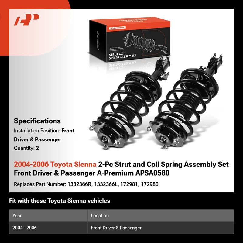 2004-2006 Toyota Sienna 2-Pc Strut and Coil Spring Assembly Set Front Driver & Passenger A-Premium APSA0580