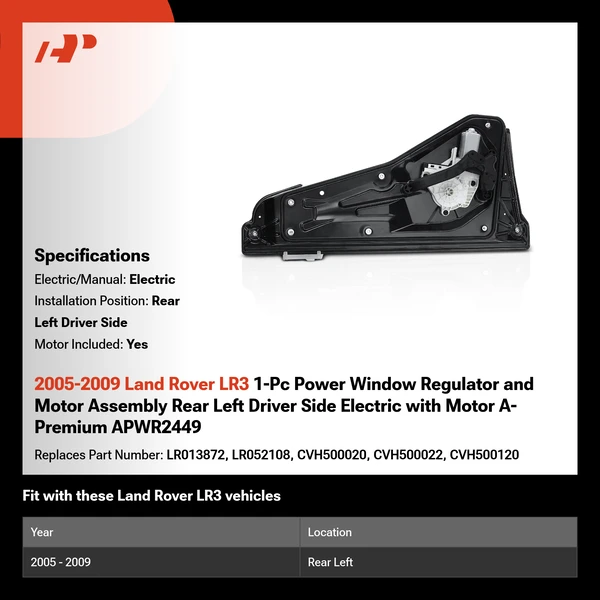 2005-2009 Land Rover LR3 1-Pc Power Window Regulator and Motor Assembly Rear Left Driver Side Electric with Motor A-Premium APWR2449