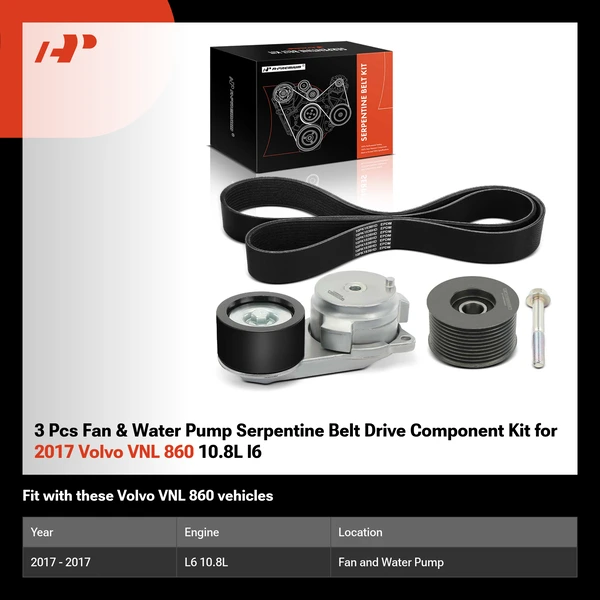 3 Pcs Fan & Water Pump Serpentine Belt Drive Component Kit for 2017 Volvo VNL 860 10.8L l6