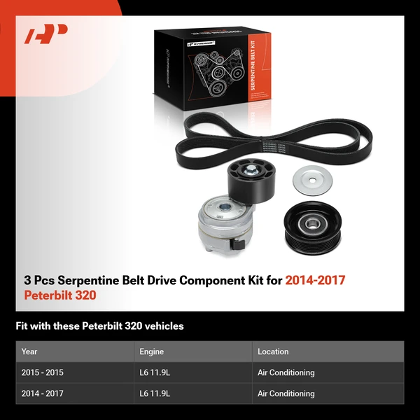 3 Pcs Serpentine Belt Drive Component Kit for 2014-2017 Peterbilt 320