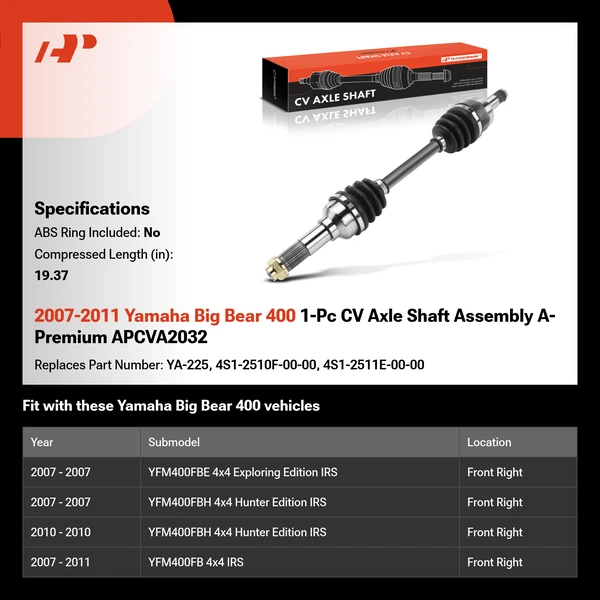 2007-2011 Yamaha Big Bear 400 1-Pc CV Axle Shaft Assembly A-Premium APCVA2032