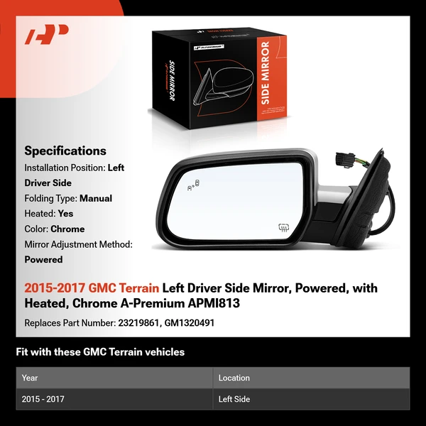 2015-2017 GMC Terrain Left Driver Side Mirror, Powered, with Heated, Chrome A-Premium APMI813