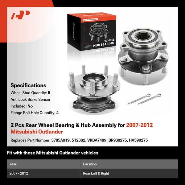 2 Pcs Rear Wheel Bearing & Hub Assembly for 2007-2012 Mitsubishi Outlander