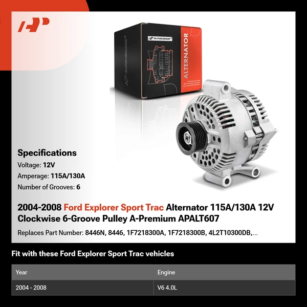 2004-2008 Ford Explorer Sport Trac Alternator 115A/130A 12V Clockwise 6-Groove Pulley A-Premium APALT607