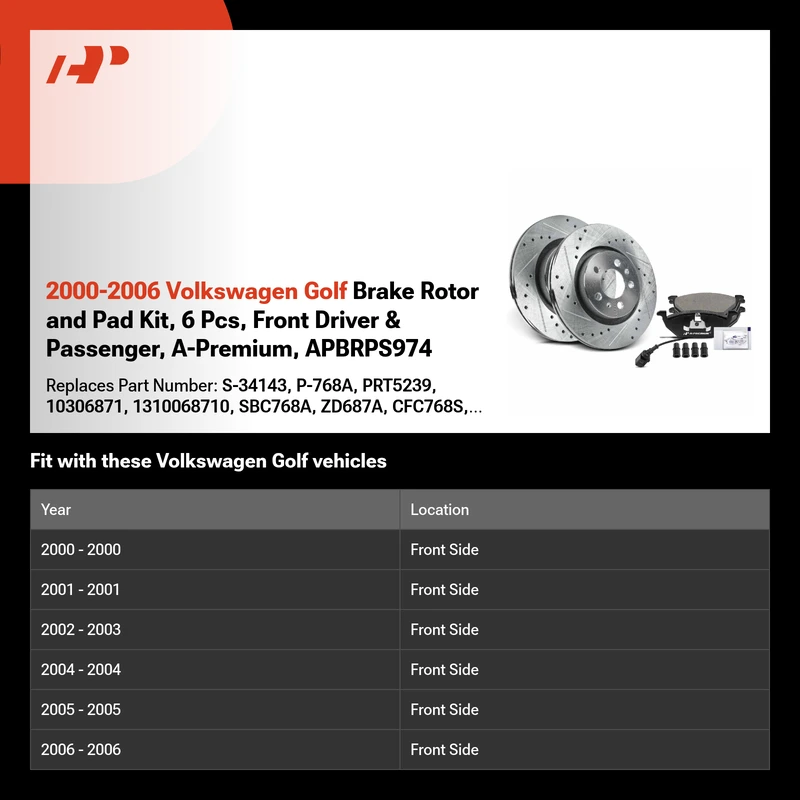 2000-2006 Volkswagen Golf Brake Rotor and Pad Kit, 6 Pcs, Front Driver & Passenger, A-Premium, APBRPS974