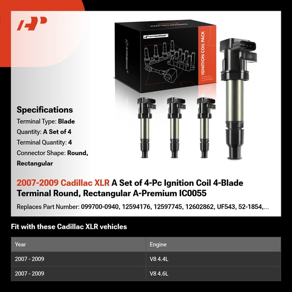 2007-2009 Cadillac XLR A Set of 4-Pc Ignition Coil 4-Blade Terminal Round, Rectangular A-Premium IC0055