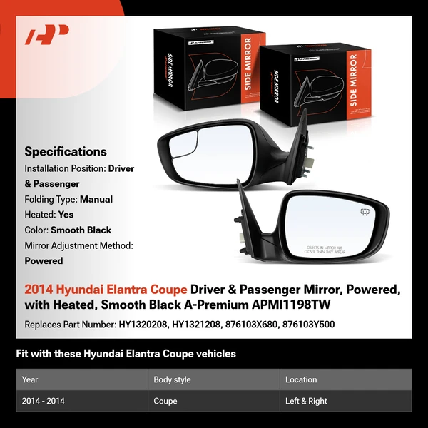 2014 Hyundai Elantra Coupe Driver & Passenger Mirror, Powered, with Heated, Smooth Black A-Premium APMI1198TW