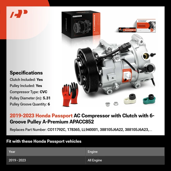 2019-2023 Honda Passport AC Compressor with Clutch with 6-Groove Pulley A-Premium APACC852