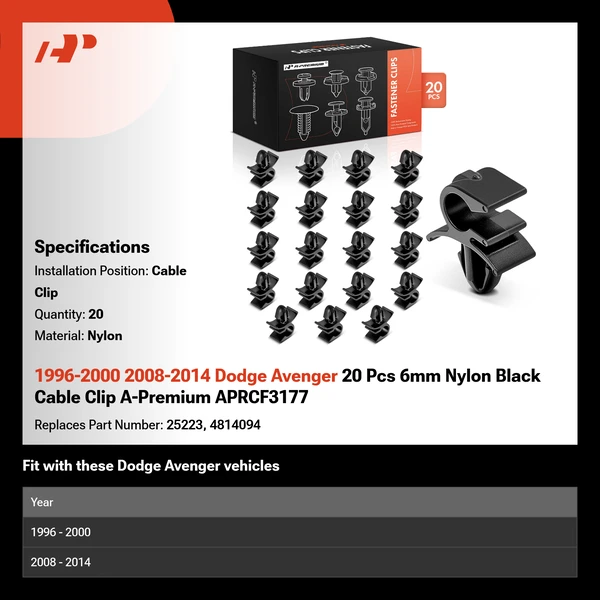 1996-2000 2008-2014 Dodge Avenger 20 Pcs 6mm Nylon Black Cable Clip A-Premium APRCF3177