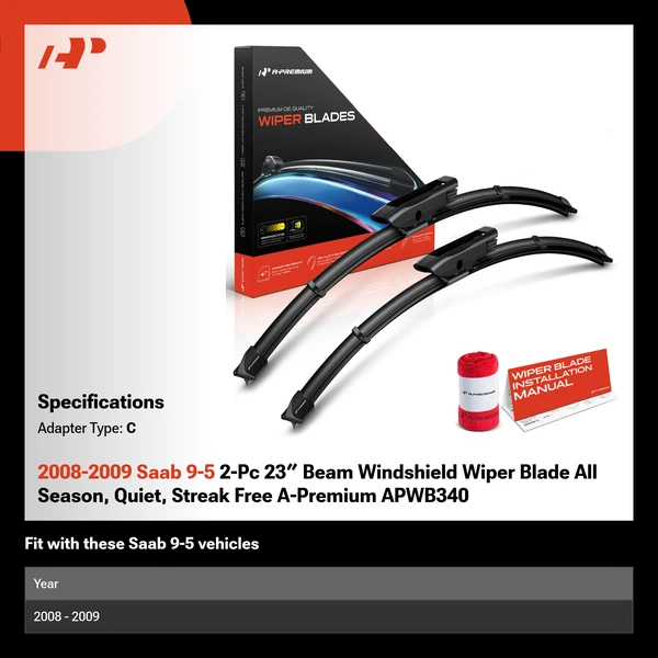 2008-2009 Saab 9-5 2-Pc 23″ Beam Windshield Wiper Blade All Season, Quiet, Streak Free A-Premium APWB340