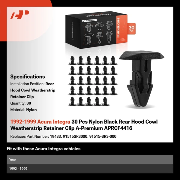 1992-1999 Acura Integra 30 Pcs Nylon Black Rear Hood Cowl Weatherstrip Retainer Clip A-Premium APRCF4416