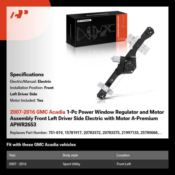 2007-2016 GMC Acadia 1-Pc Power Window Regulator and Motor Assembly Front Left Driver Side Electric with Motor A-Premium APWR2653