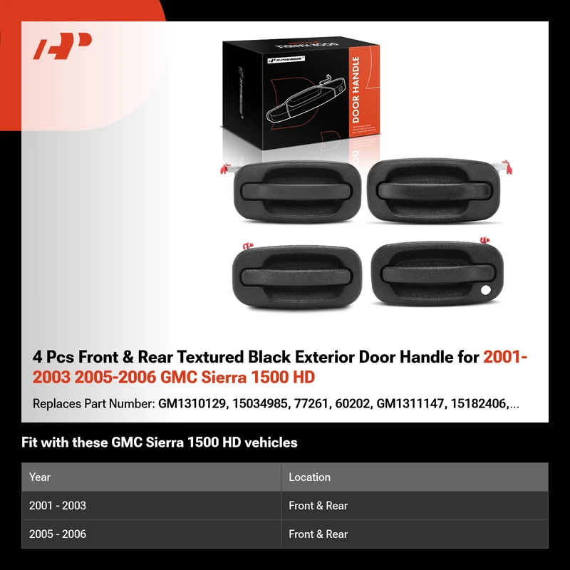 4 Pcs Front & Rear Textured Black Exterior Door Handle for 2001-2003 2005-2006 GMC Sierra 1500 HD