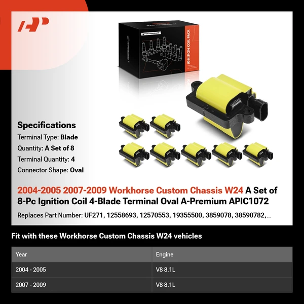 2004-2005 2007-2009 Workhorse Custom Chassis W24 A Set of 8-Pc Ignition Coil 4-Blade Terminal Oval A-Premium APIC1072