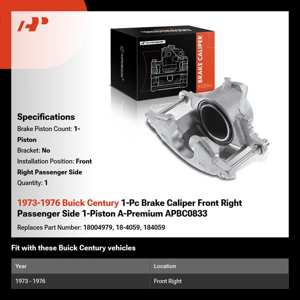 1973-1976 Buick Century 1-Pc Brake Caliper Front Right Passenger Side 1-Piston A-Premium APBC0833