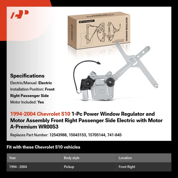 1994-2004 Chevrolet S10 1-Pc Power Window Regulator and Motor Assembly Front Right Passenger Side Electric with Motor A-Premium WR0053