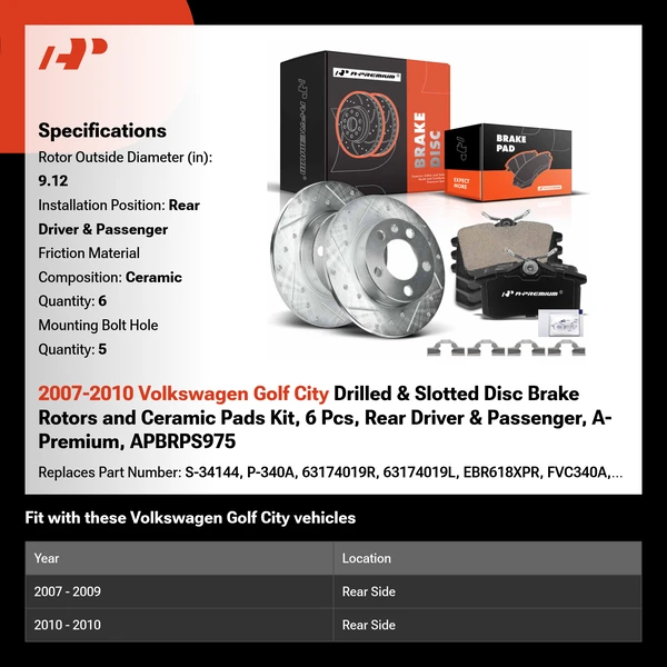 2007-2010 Volkswagen Golf City Drilled & Slotted Disc Brake Rotors and Ceramic Pads Kit, 6 Pcs, Rear Driver & Passenger, A-Premium, APBRPS975
