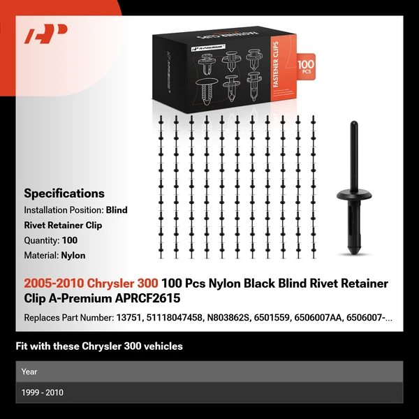 2005-2010 Chrysler 300 100 Pcs Nylon Black Blind Rivet Retainer Clip A-Premium APRCF2615