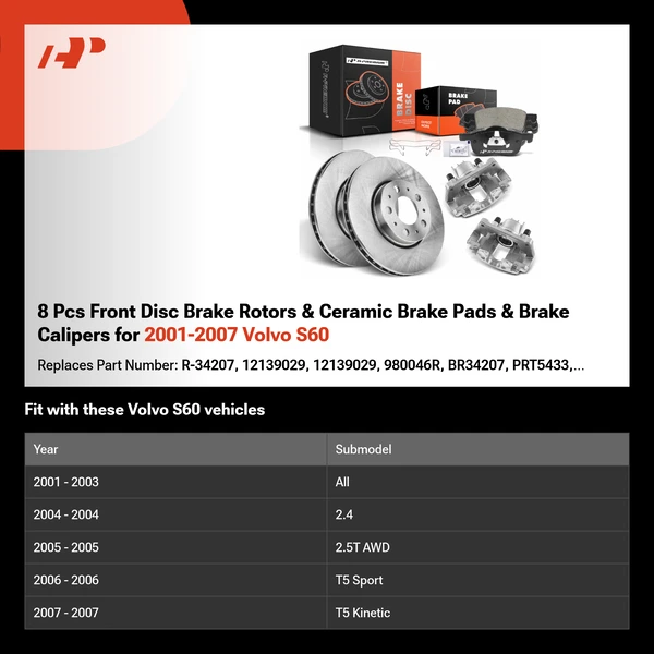 8 Pcs Front Disc Brake Rotors & Ceramic Brake Pads & Brake Calipers for 2001-2007 Volvo S60