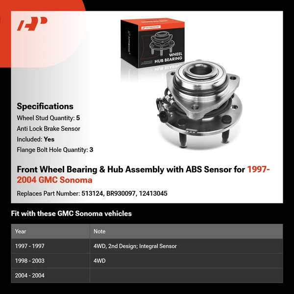 Front Wheel Bearing & Hub Assembly with ABS Sensor for 1997-2004 GMC Sonoma