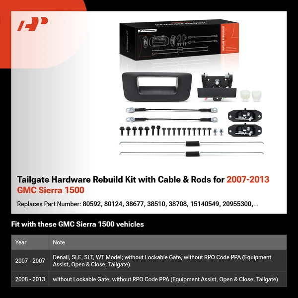 Tailgate Hardware Rebuild Kit with Cable & Rods for 2007-2013 GMC Sierra 1500