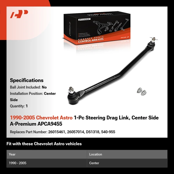 1990-2005 Chevrolet Astro 1-Pc Steering Drag Link, Center Side A-Premium APCA9455