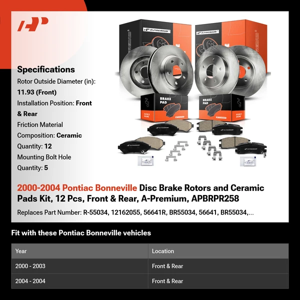 2000-2004 Pontiac Bonneville Disc Brake Rotors and Ceramic Pads Kit, 12 Pcs, Front & Rear, A-Premium, APBRPR258