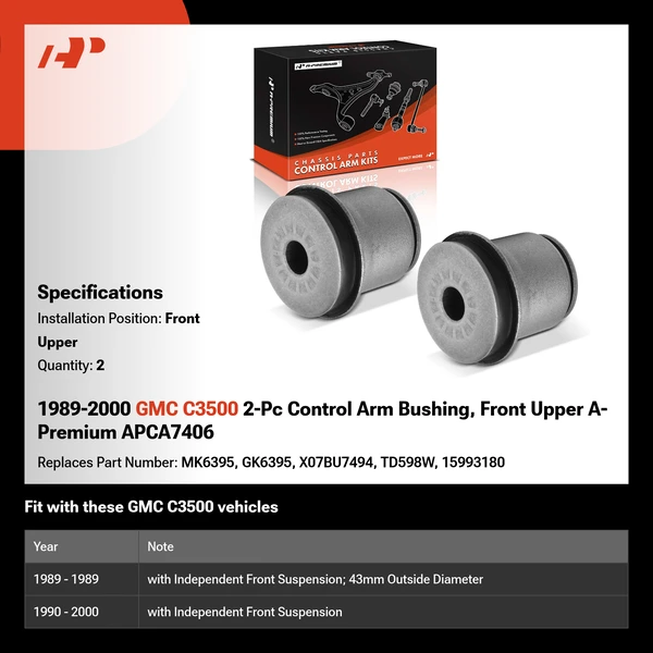 1989-2000 GMC C3500 2-Pc Control Arm Bushing, Front Upper A-Premium APCA7406