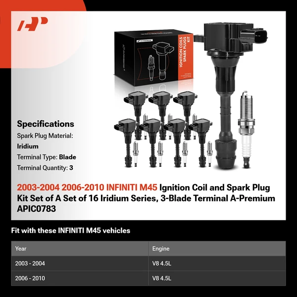 2003-2004 2006-2010 INFINITI M45 Ignition Coil and Spark Plug Kit Set of A Set of 16 Iridium Series, 3-Blade Terminal A-Premium APIC0783
