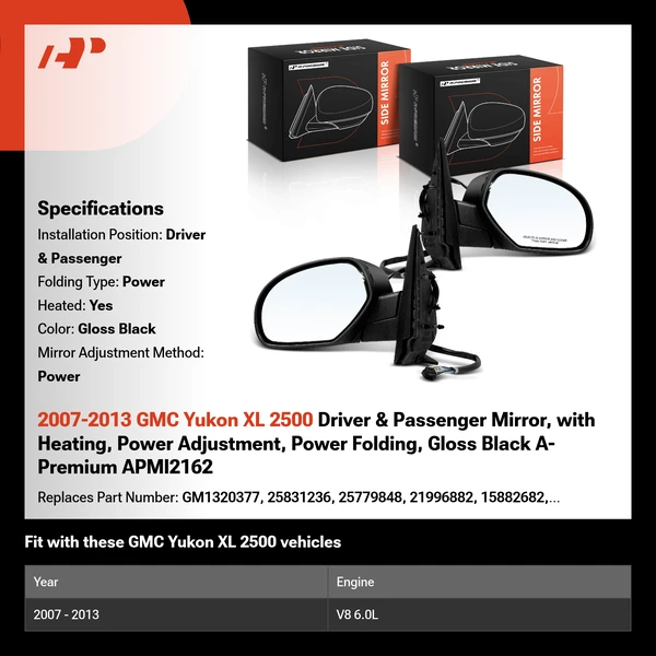 2007-2013 GMC Yukon XL 2500 Driver & Passenger Mirror, with Heating, Power Adjustment, Power Folding, Gloss Black A-Premium APMI2162