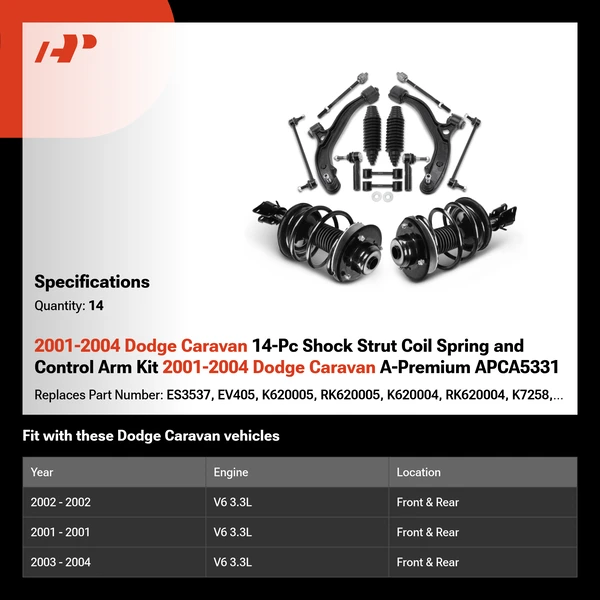 2001-2004 Dodge Caravan 14-Pc Shock Strut Coil Spring and Control Arm Kit 2001-2004 Dodge Caravan A-Premium APCA5331