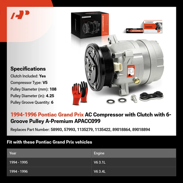 1994-1996 Pontiac Grand Prix AC Compressor with Clutch with 6-Groove Pulley A-Premium APACC099