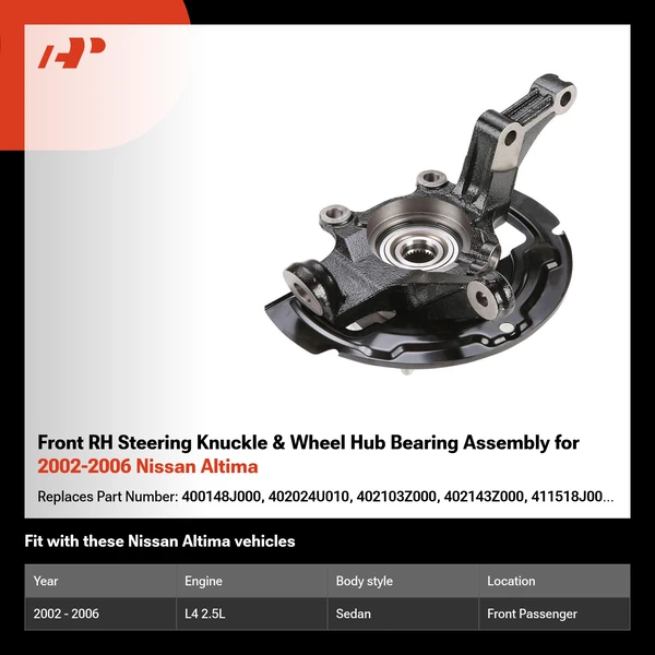 Front RH Steering Knuckle & Wheel Hub Bearing Assembly for 2002-2006 Nissan Altima
