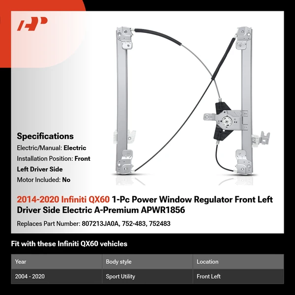 2014-2020 Infiniti QX60 1-Pc Power Window Regulator Front Left Driver Side Electric A-Premium APWR1856