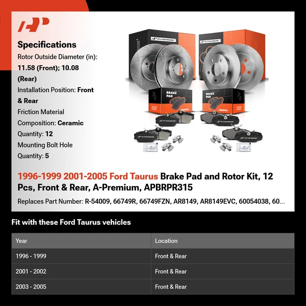 1996-1999 2001-2005 Ford Taurus Brake Pad and Rotor Kit, 12 Pcs, Front & Rear, A-Premium, APBRPR315