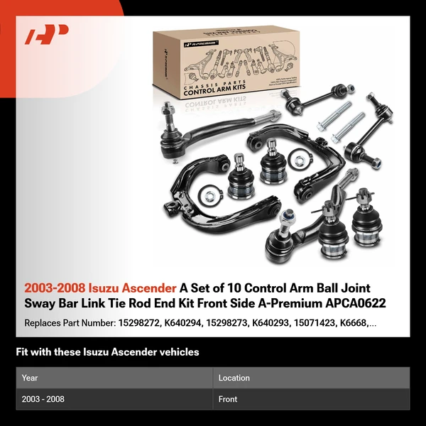 2003-2008 Isuzu Ascender A Set of 10 Control Arm Ball Joint Sway Bar Link Tie Rod End Kit Front Side A-Premium APCA0622